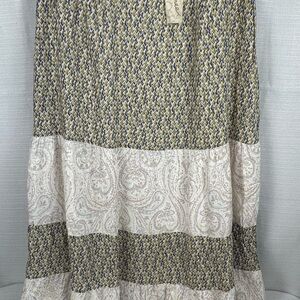 Mystree Womens Tiered Maxi Skirt Blue Yellow Paisley Geometric‎ Boho Size M NEW